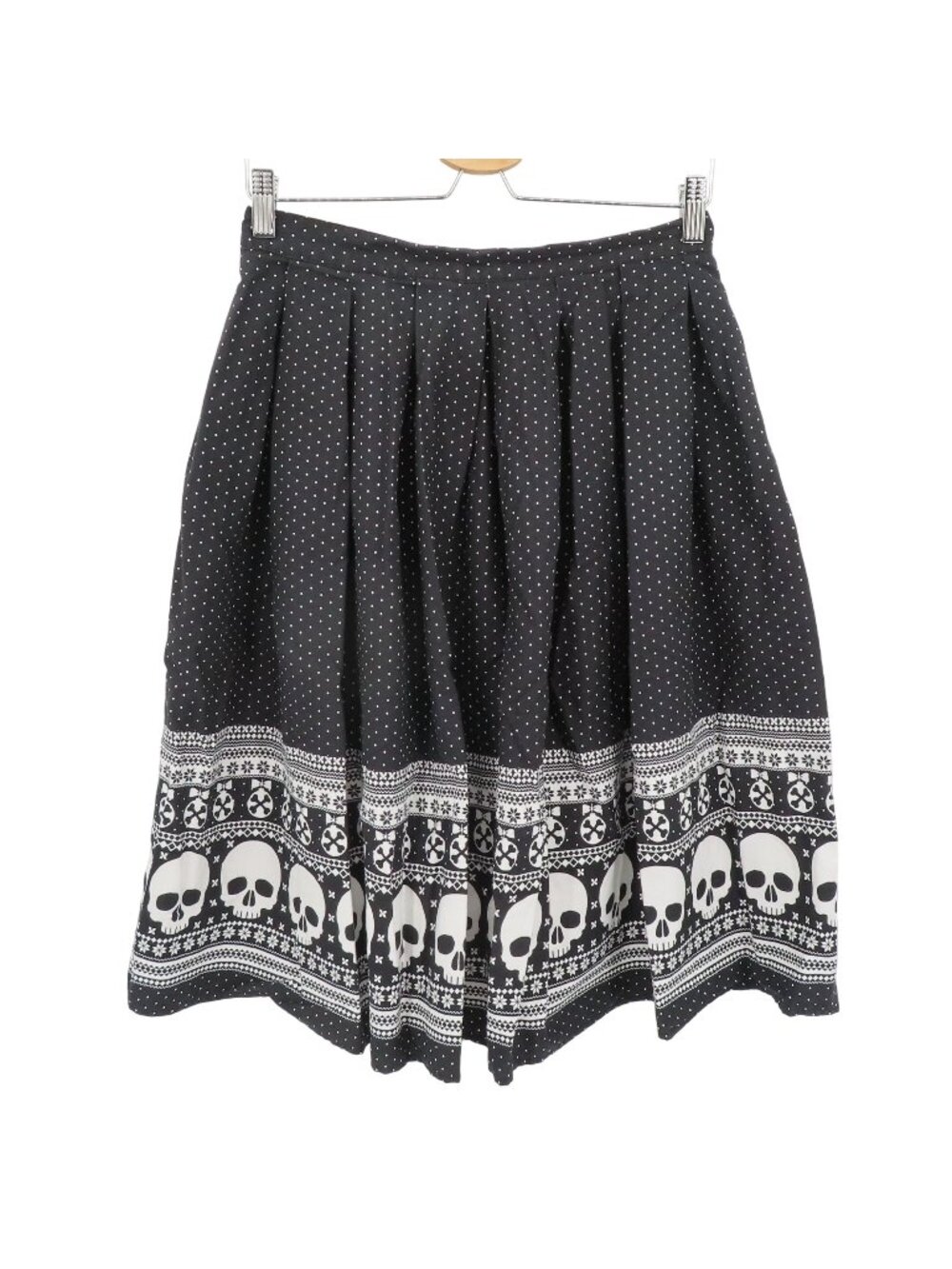 Hell Bunny Women Medium Clara Swing Skirt Black Polka Dot Skull Bells Holiday